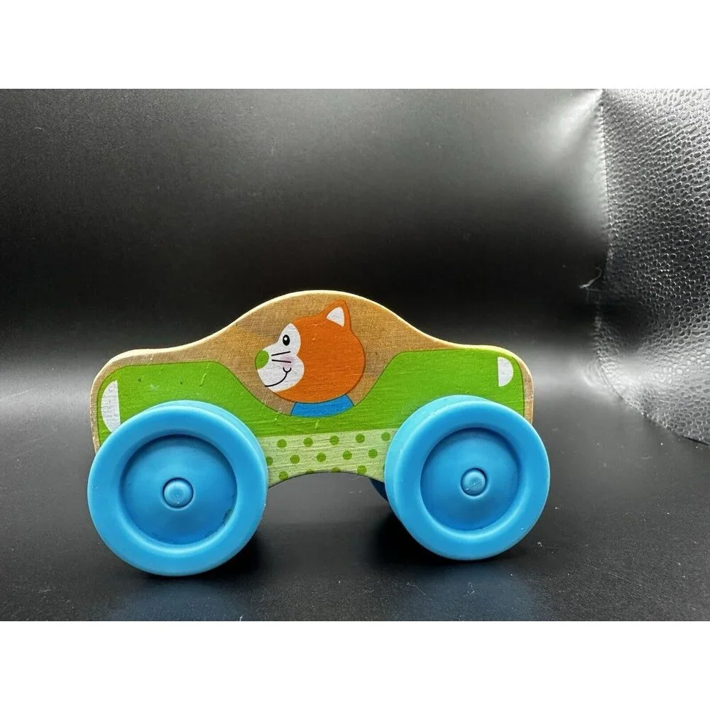 Melissa and Doug Stackable Car Wooden Toy orange cat driver blue‎ wheels 4”